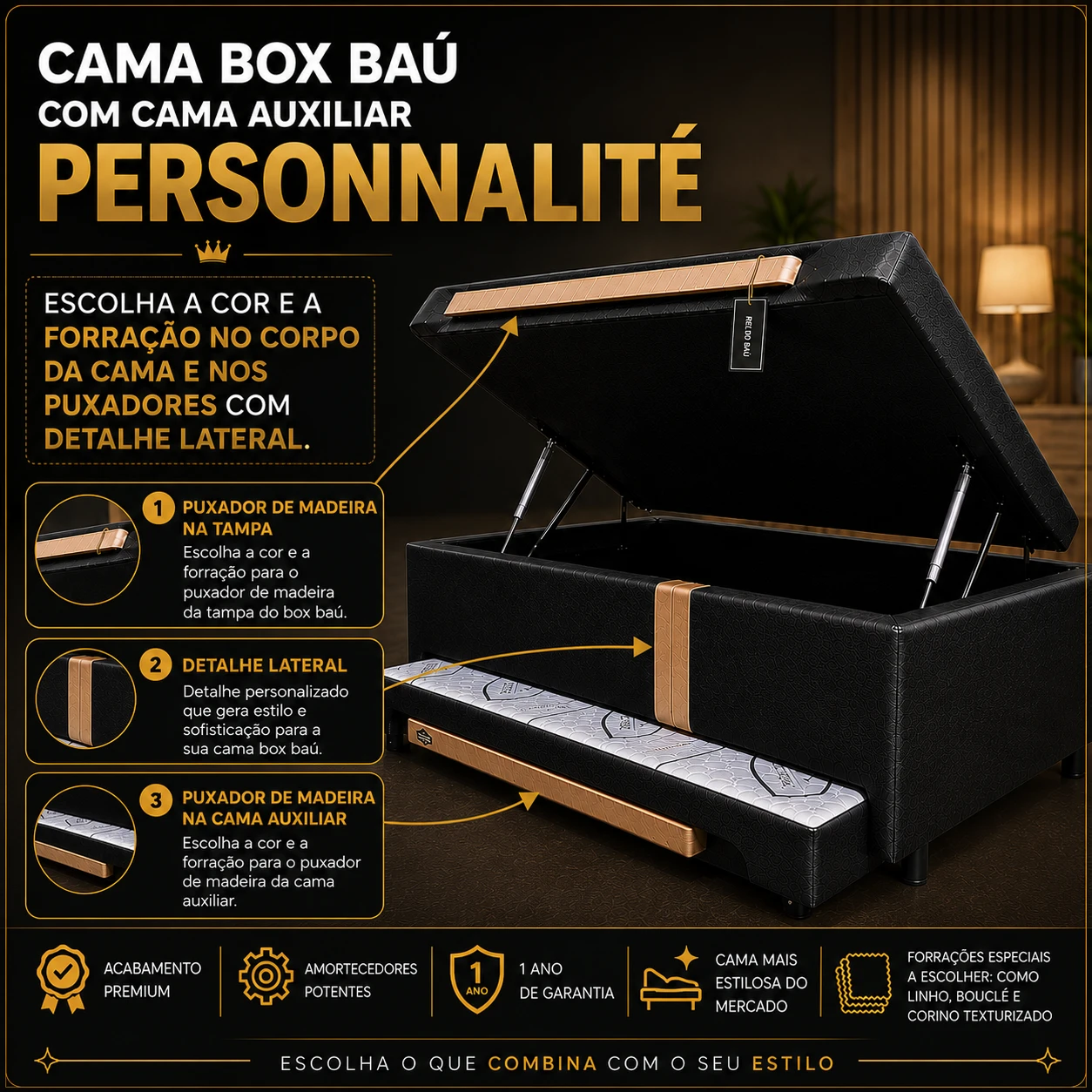 Cama Box Baú Personnalite com Cama Auxiliar - Solteiro
