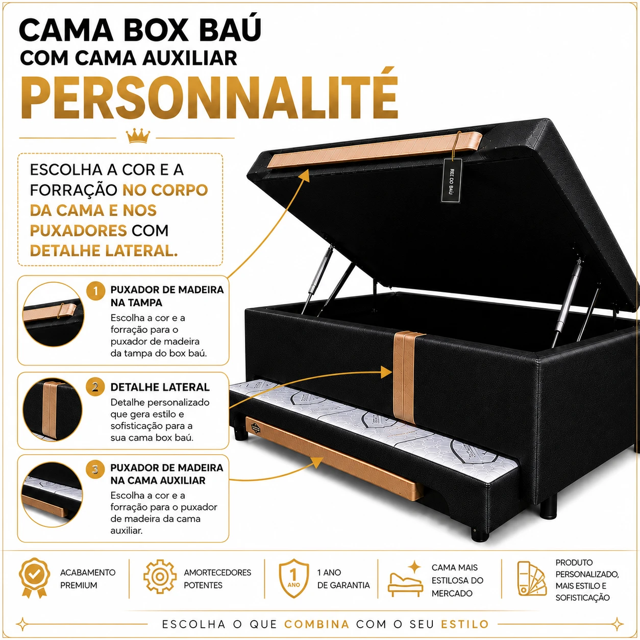 Cama Box Baú Personnalite com Cama Auxiliar - Solteiro 88x188